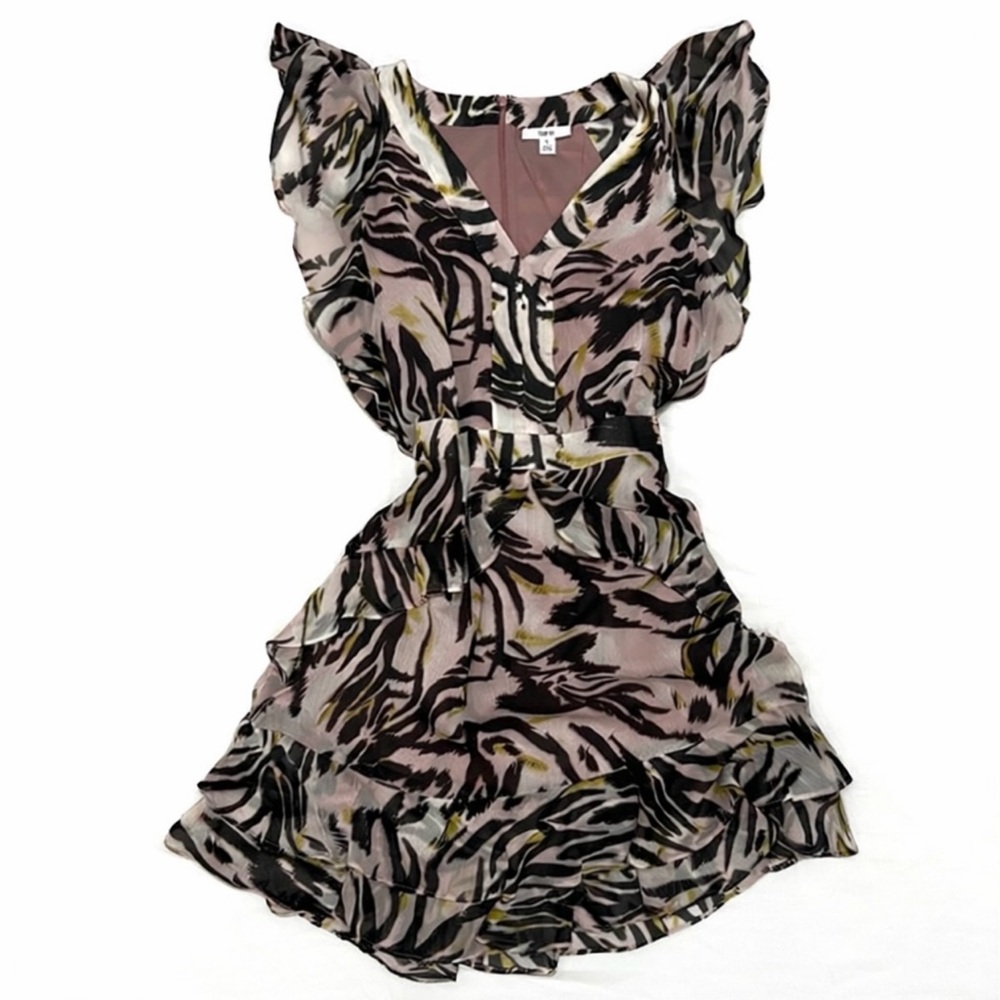 Bar III Mauve Zebra-Print Ruffle Tiered Mini Dress with Black & Yellow Accents